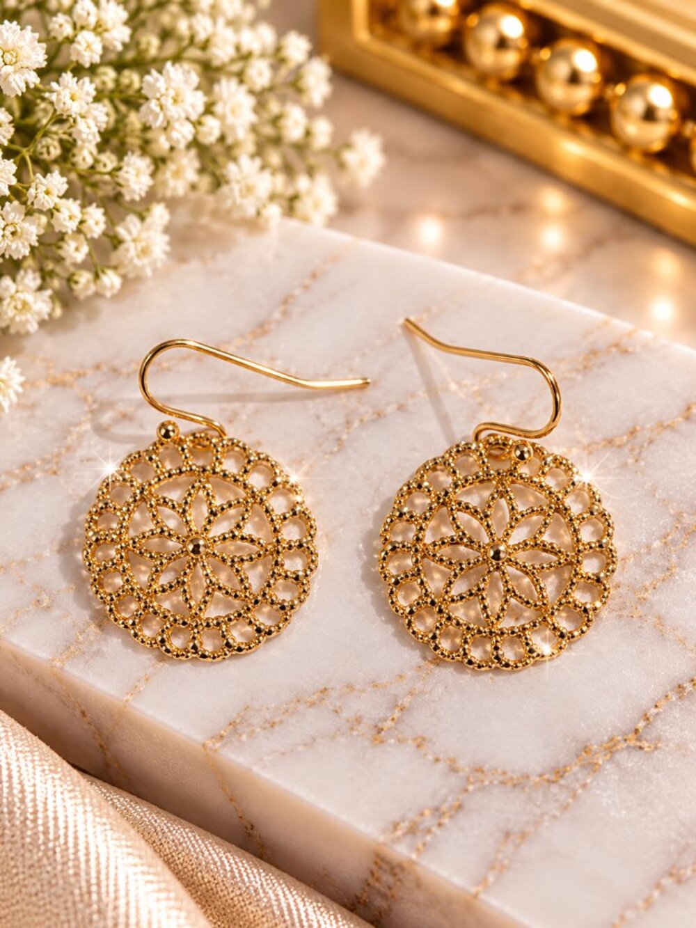 Gold Tone Floral Filigree Round Dangle Earrings Boho Statement Fashion Jewelry